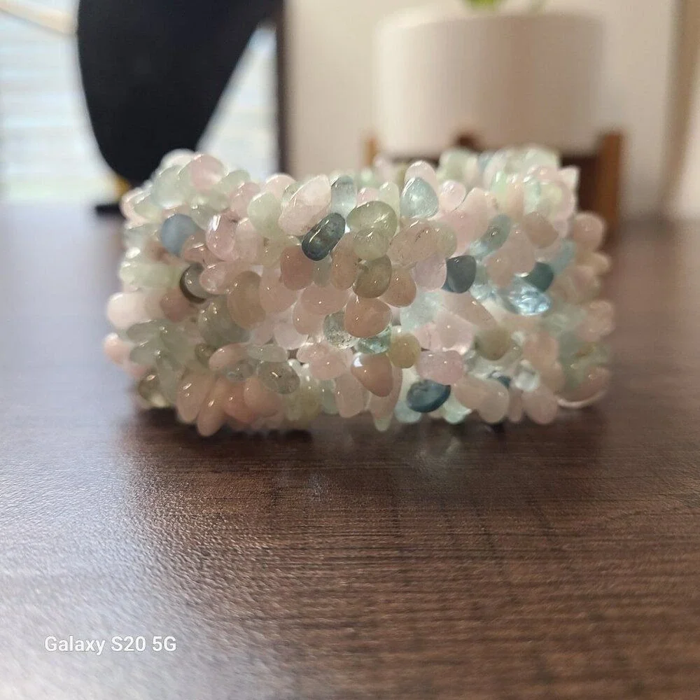 Pastel Natural Stone Chip Chunky Stretch Bracelet Green Pink Blue Boho Statement